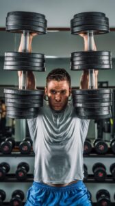 Un sportif compare plusieurs barres de musculation dans une salle de sport.