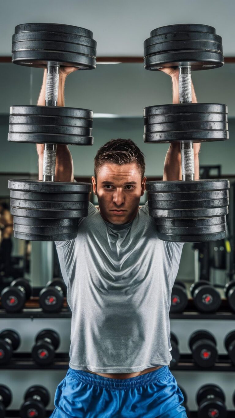 Un sportif compare plusieurs barres de musculation dans une salle de sport.