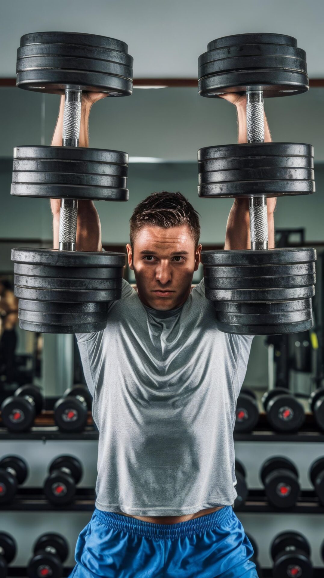 Un sportif compare plusieurs barres de musculation dans une salle de sport.