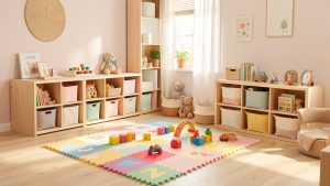 Chambre d’enfant lumineuse avec tapis de motricité, modules en mousse colorés et rangements en bois naturel soigneusement organisés.