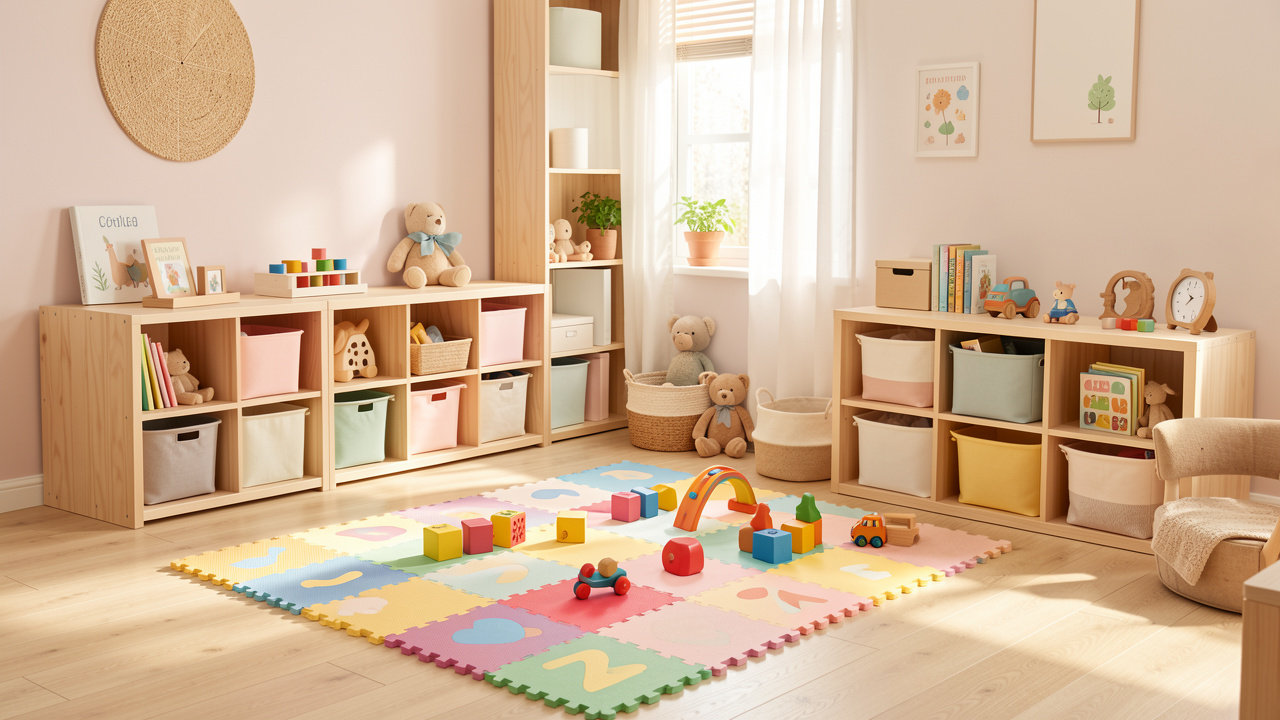 Chambre d’enfant lumineuse avec tapis de motricité, modules en mousse colorés et rangements en bois naturel soigneusement organisés.