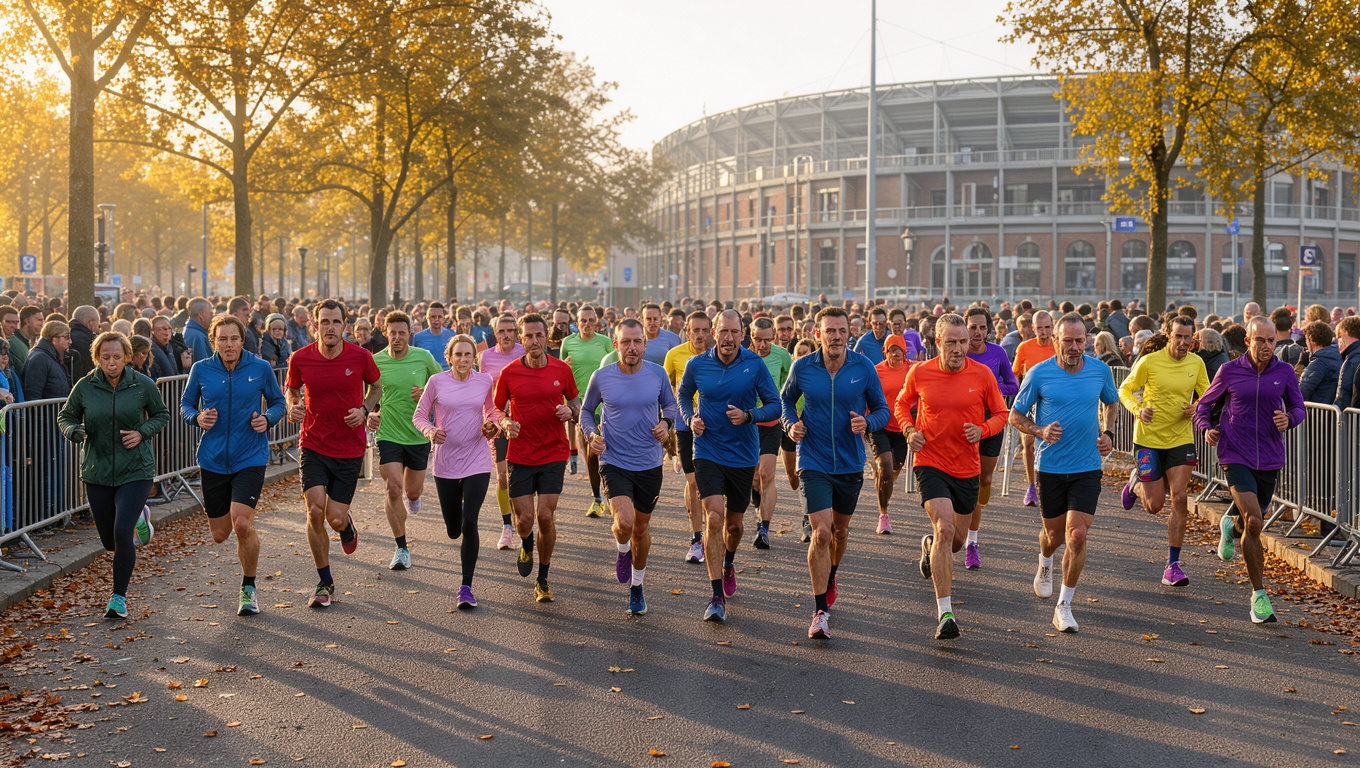 Des hommes et des femmes coureurs prennent le départ d’un marathon devant un stade historique d’Amsterdam, dans une ambiance matinale d’automne.