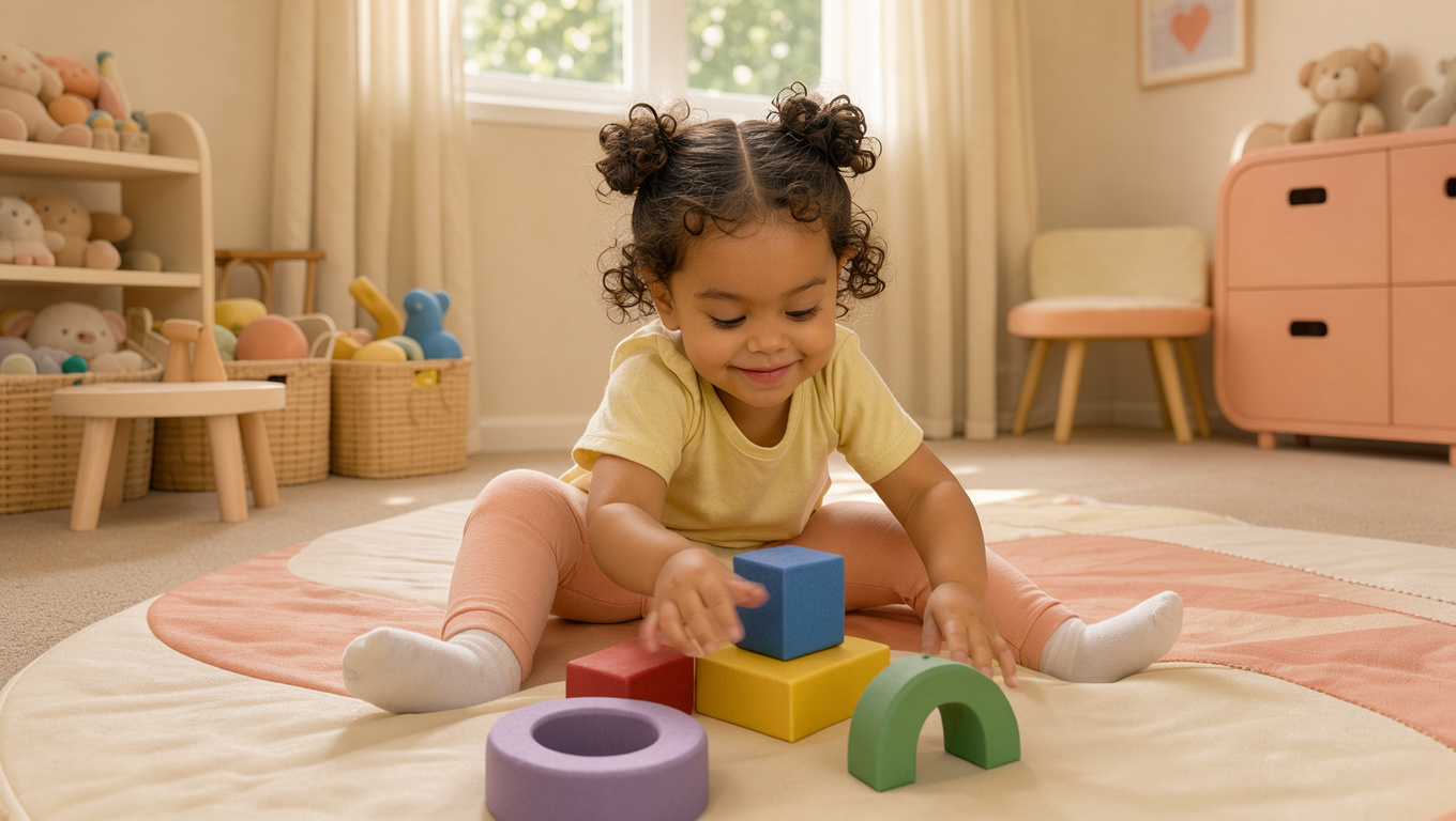 Jeune fille jouant avec des blocs colorés sur un tapis de motricité dans une chambre lumineuse aux tons pastel.