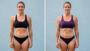 Comparaison visuelle réaliste d’une femme avant et après trois mois de natation régulière, montrant une posture plus assurée et une silhouette légèrement plus tonique.
