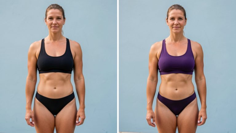 Comparaison visuelle réaliste d’une femme avant et après trois mois de natation régulière, montrant une posture plus assurée et une silhouette légèrement plus tonique.