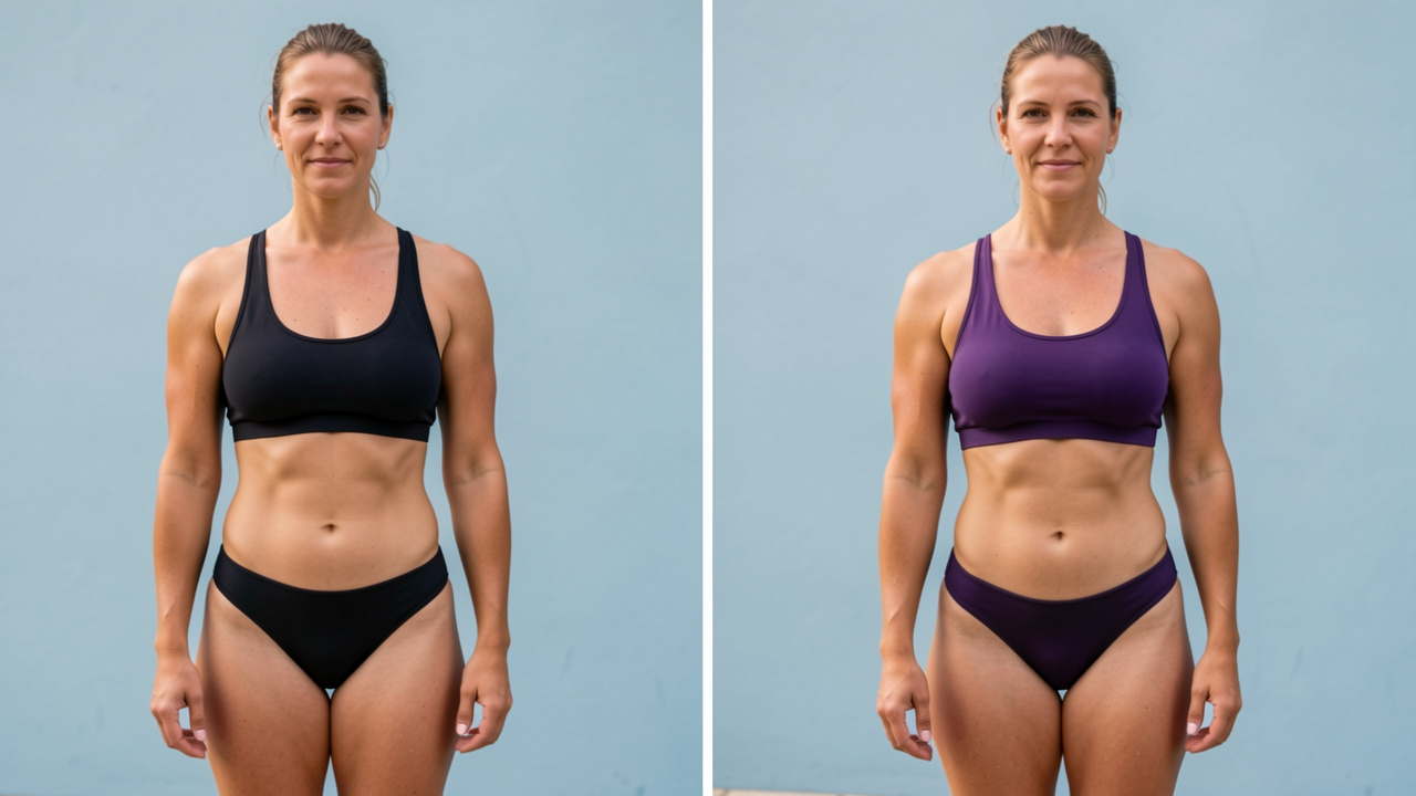 Comparaison visuelle réaliste d’une femme avant et après trois mois de natation régulière, montrant une posture plus assurée et une silhouette légèrement plus tonique.