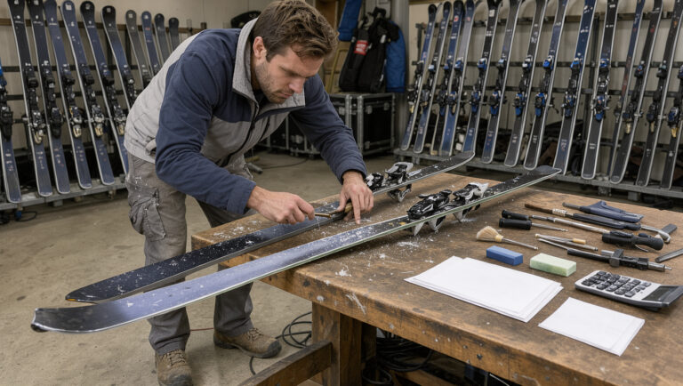 Skieur français préparant ses skis sur un établi dans le garage de son équipe, entouré d’outils et de matériel sportif.