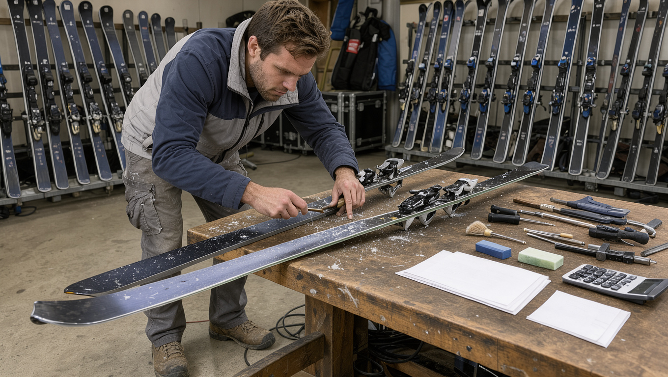 Skieur français préparant ses skis sur un établi dans le garage de son équipe, entouré d’outils et de matériel sportif.