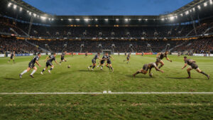 Vue panoramique d’un stade français rempli de spectateurs au crépuscule, avec des silhouettes de joueurs de football et de rugby sur le terrain sous les projecteurs.