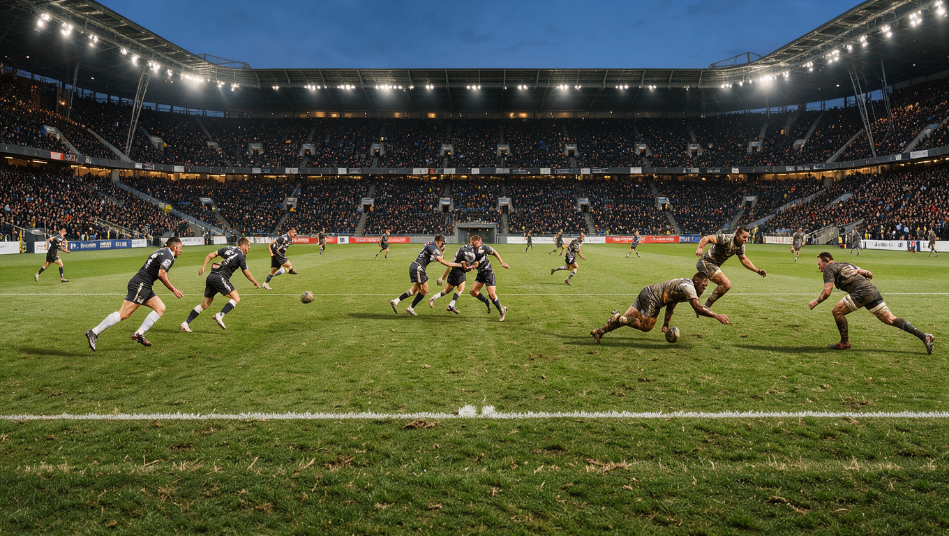 Vue panoramique d’un stade français rempli de spectateurs au crépuscule, avec des silhouettes de joueurs de football et de rugby sur le terrain sous les projecteurs.